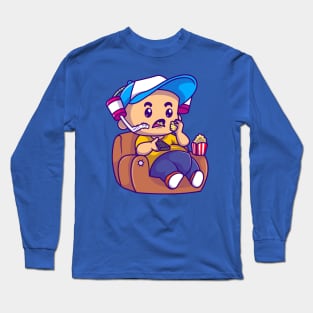 Cute Boy Eating Popcorn On Sofa Cartoon Long Sleeve T-Shirt